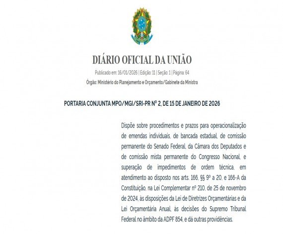 Portaria estabelece regras para execução de emendas parlamentares